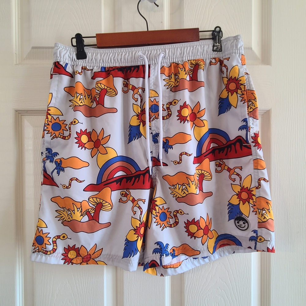 Neff White Swim Shorts with Orange, Yellow & Blue Tropical Print